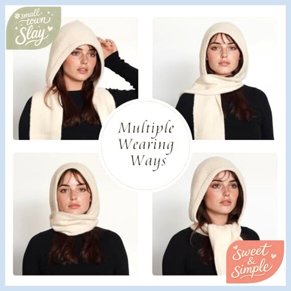 Wool Knitted Hooded Scarf Set One Size Winter Neck Warmer Hat - Picture 2 of 7